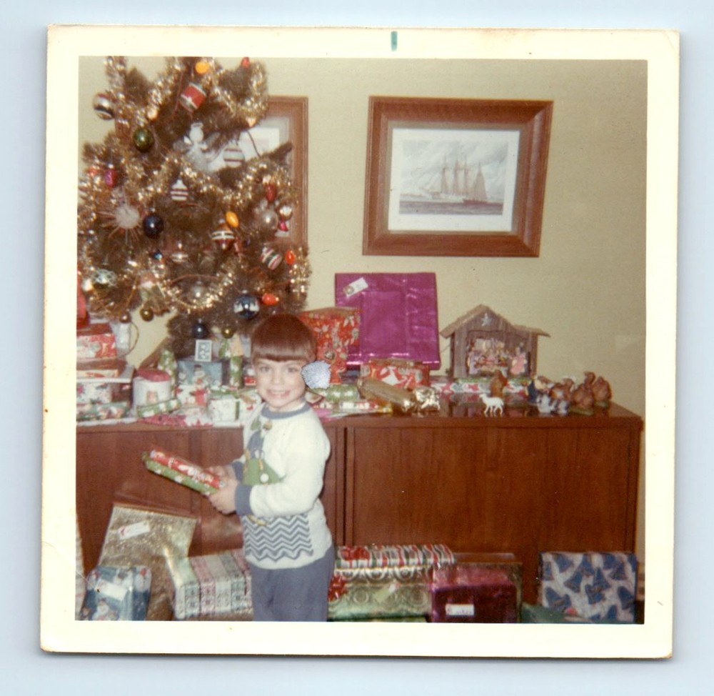 Old Vintage Square Color Photo CHILD PRESENTS GIFTS CHRISTMAS TREE SNAPSHOT