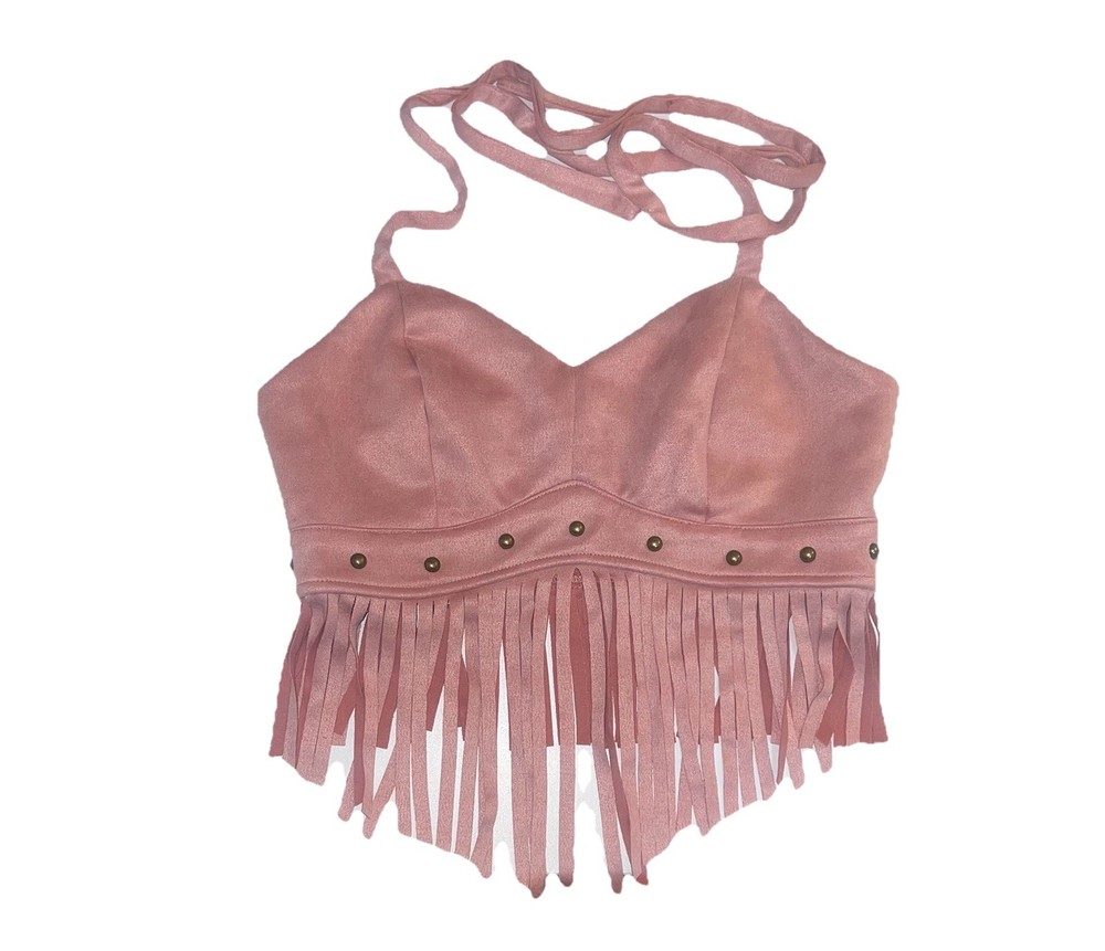 BEAUDRM Pink Faux Suede Halter V-Neck Backless Fringe Studded Crop Top Size S