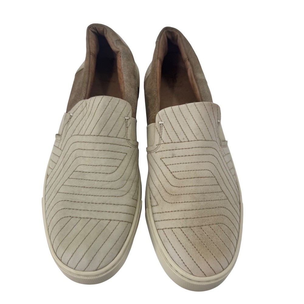 FRYE Slip On Sneakers Women 8M Beige Leather Geometric Stitch Side Elastic Shoes