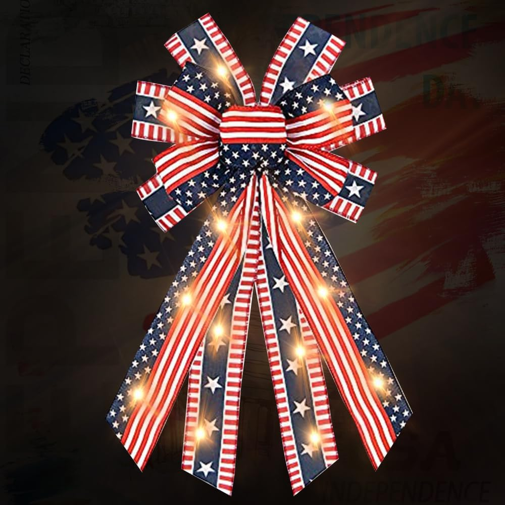 ABTOLS Large Patriotic LED Wreath Bow for 4th of July Front Door Decor in Red White Blue