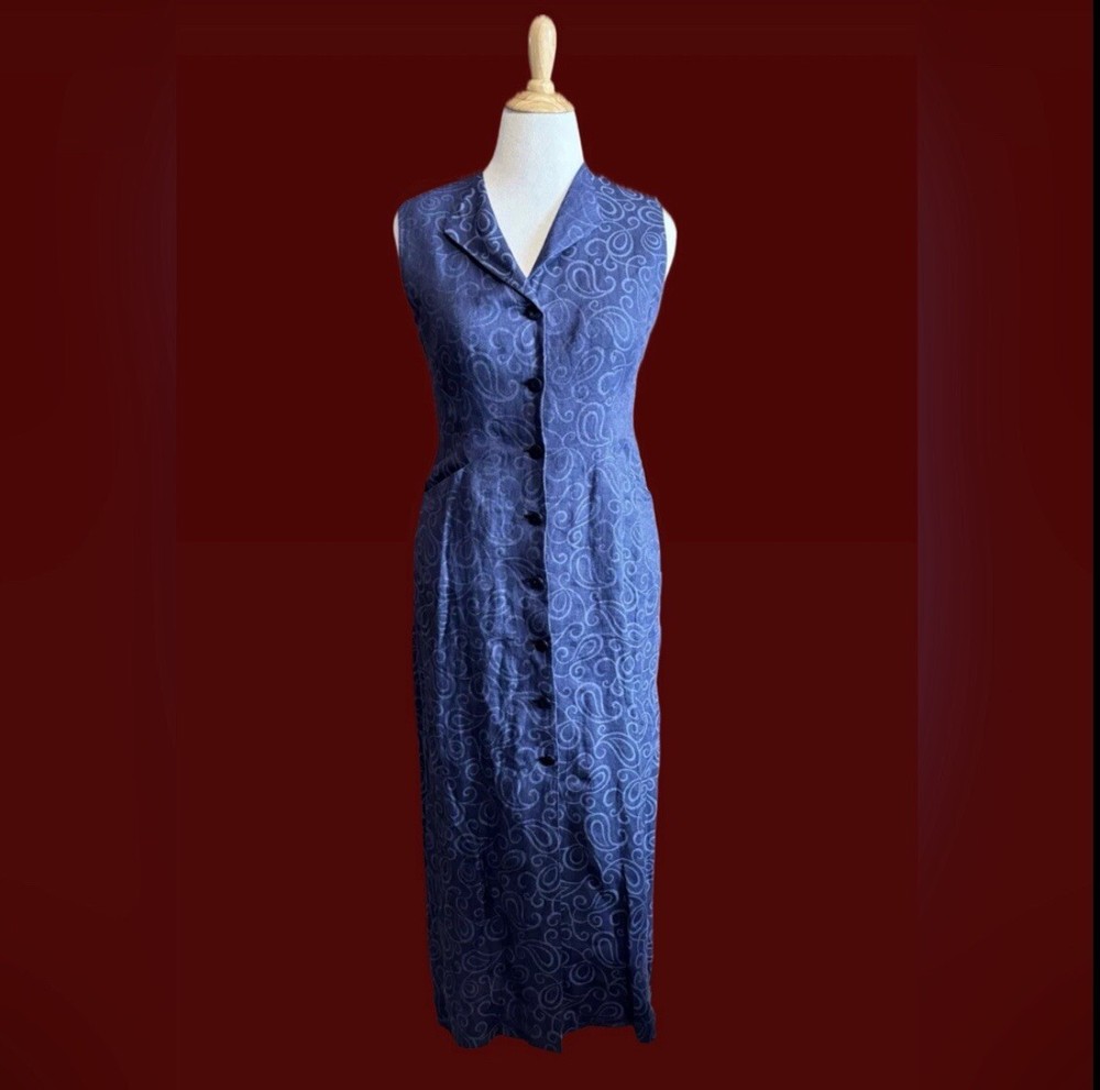 Vintage 90s Escada Women's 40 Linen Button Front Maxi Dress Paisley Pockets Blue