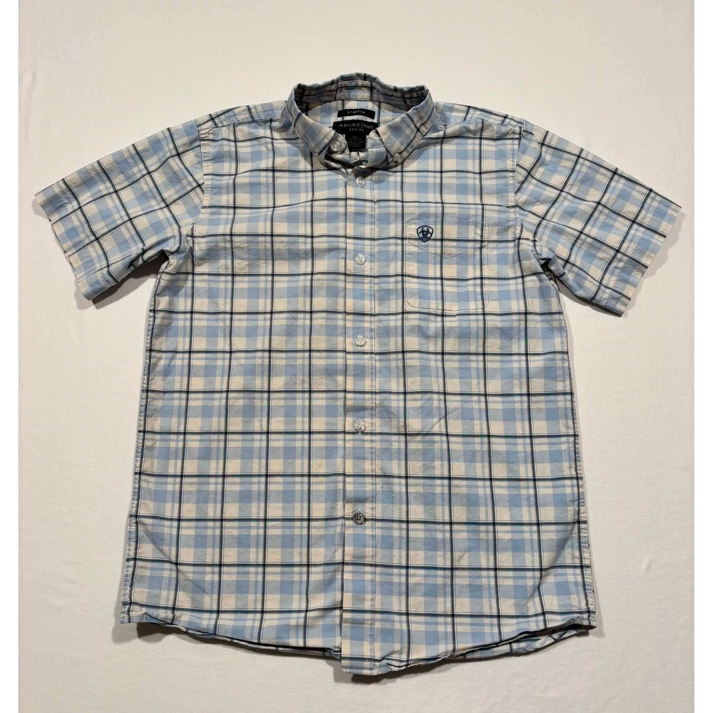 Ariat Pro Series Boys Blue Plaid Short Sleeve Button Down Shirt Size Large 14-16