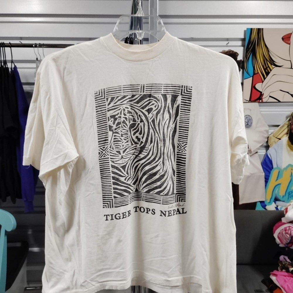 Tiger Nepal Stripped Vtg Shirt Abstract Art Tee Size large Fair A280ed
