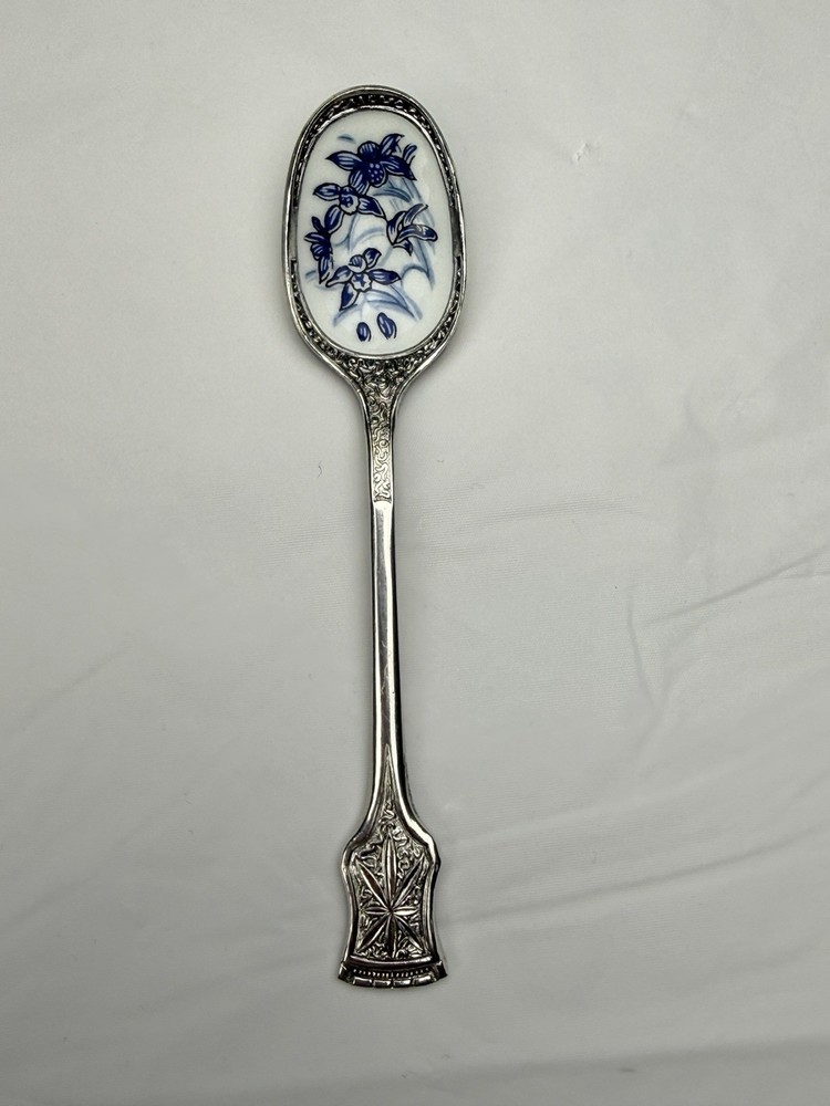 Vtg VV Brite Japan Demitasse Spoon Blue White Porcelain Ceramic Bowl Silverplate