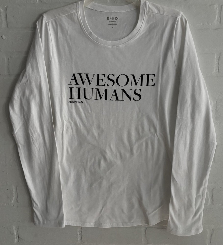 FIGS Unisex Super Soft Graphic Cotton Long Sleeve Crew Neck T-Shirt White L