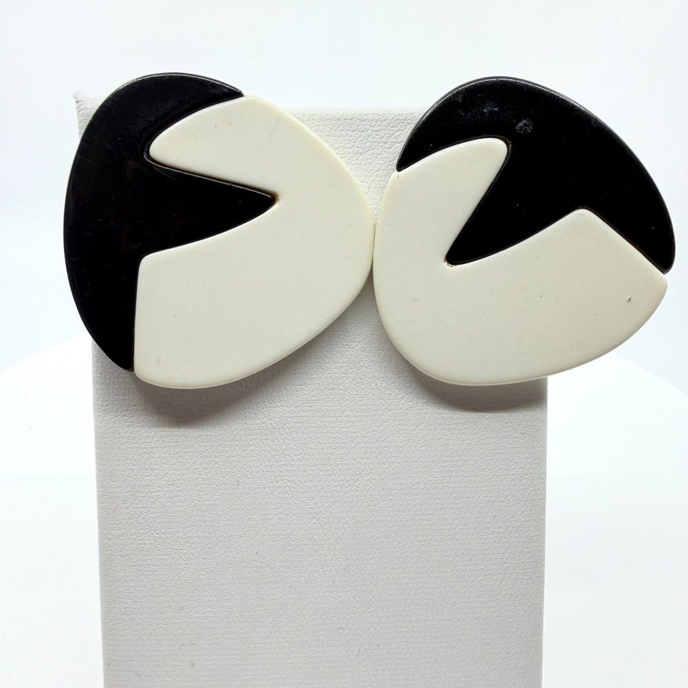 Vintage 80s Retro Black White Abstract Geometric Statement Post Stud Earrings