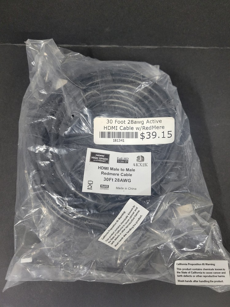 NOS - 30ft High Speed 4KX2K HDMI Male to Male Cable 28AWG w/Redmere