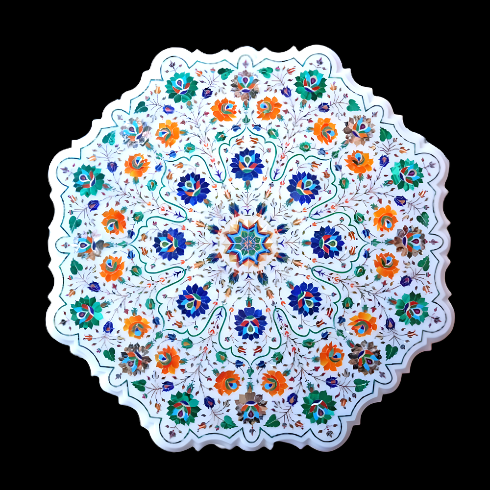 24-Inch White Marble Table Top with Multi-Color Gamestone Home Decor Gift
