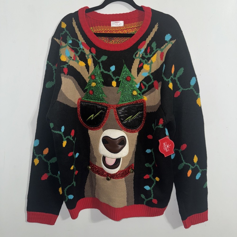 Holiday Time  Ugly Christmas Sweater Men's Size XL 46/48  Deer Sunglasses NWT