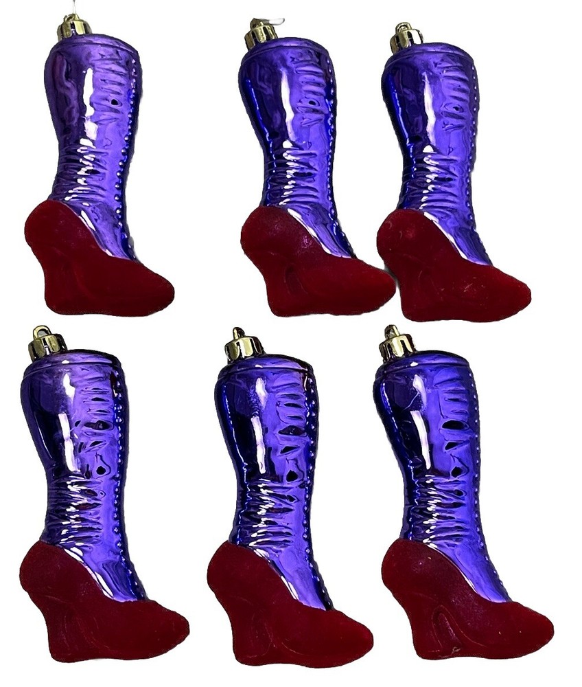 Christmas Ornaments Boots High Heel Victorian Spats Purple Red Flock Set 6 Ikea