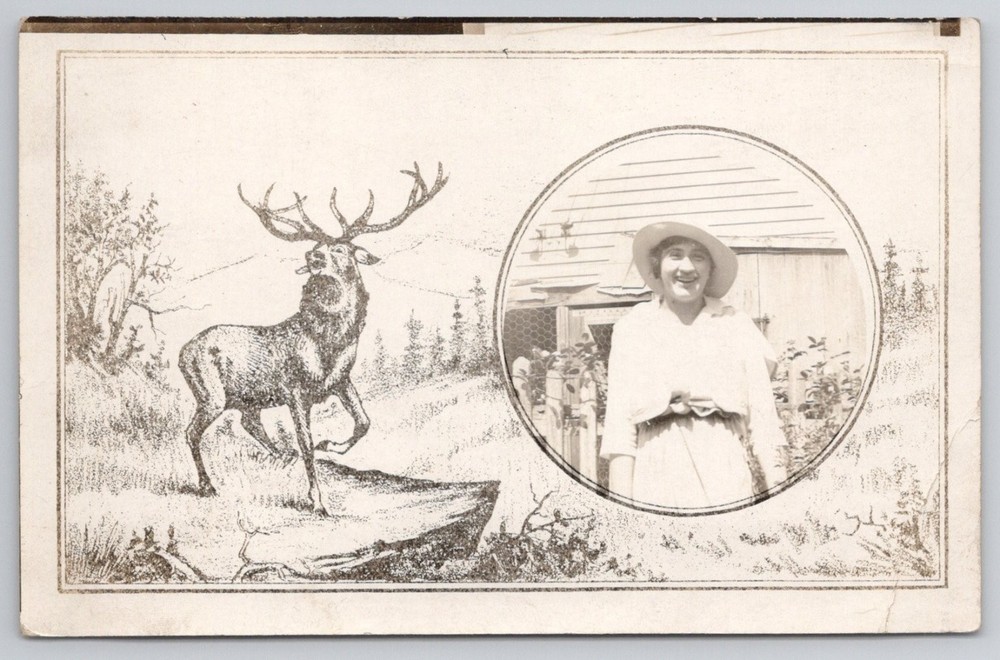 Early 1900s RPPC Woman Portrait & Bugling Stag Deer Novelty Postcard Unposted