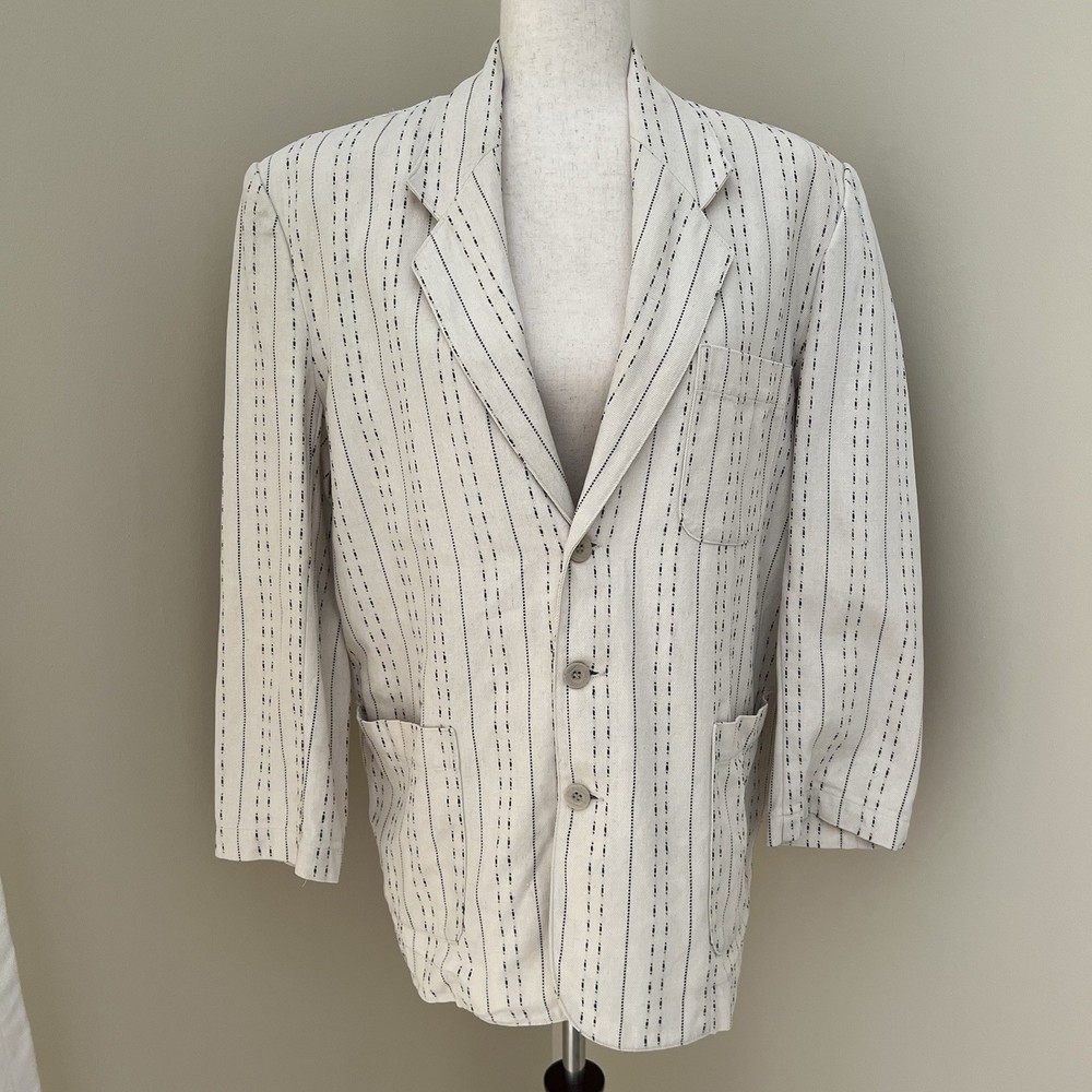 VTG 90s Canvas Denim Blazer Jacket S Beige Striped Baggy Big Shoulders Oversized