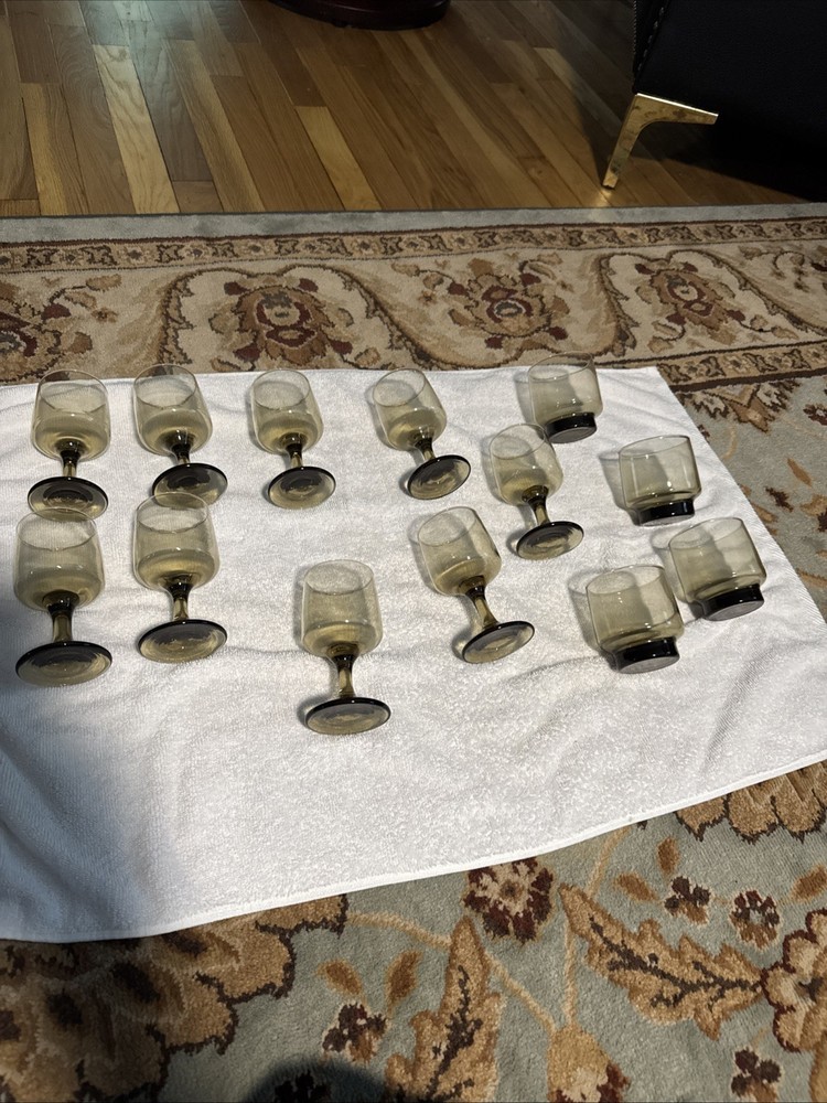 Set of 12 Vintage Libbey Tawny Smoke Amber Wine Glasses MCM Goblets Barware