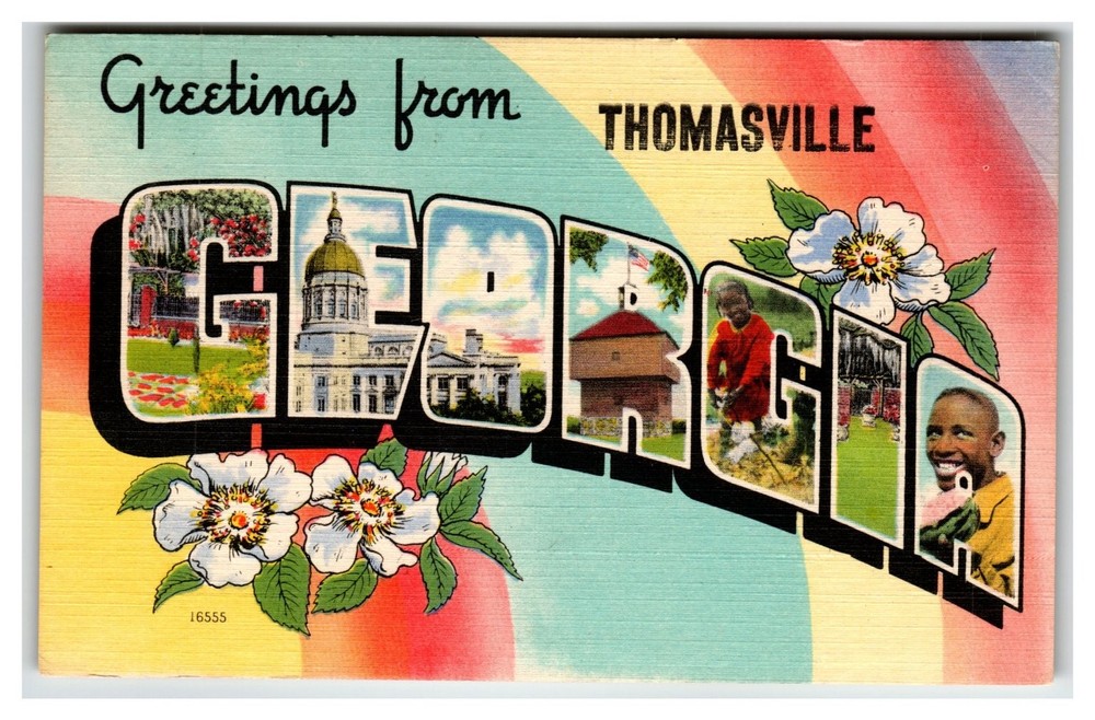Greetings from Thomasville Georgia Linen Postcard State Capitol Golf Boy 1940s