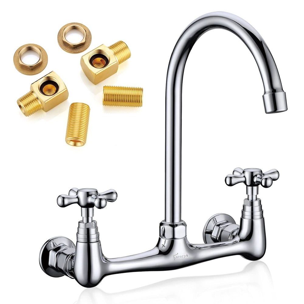 Commercial Brass Wall Mount Faucet, 2 Handles, 8 Inches Center, 360 Swivel, P...