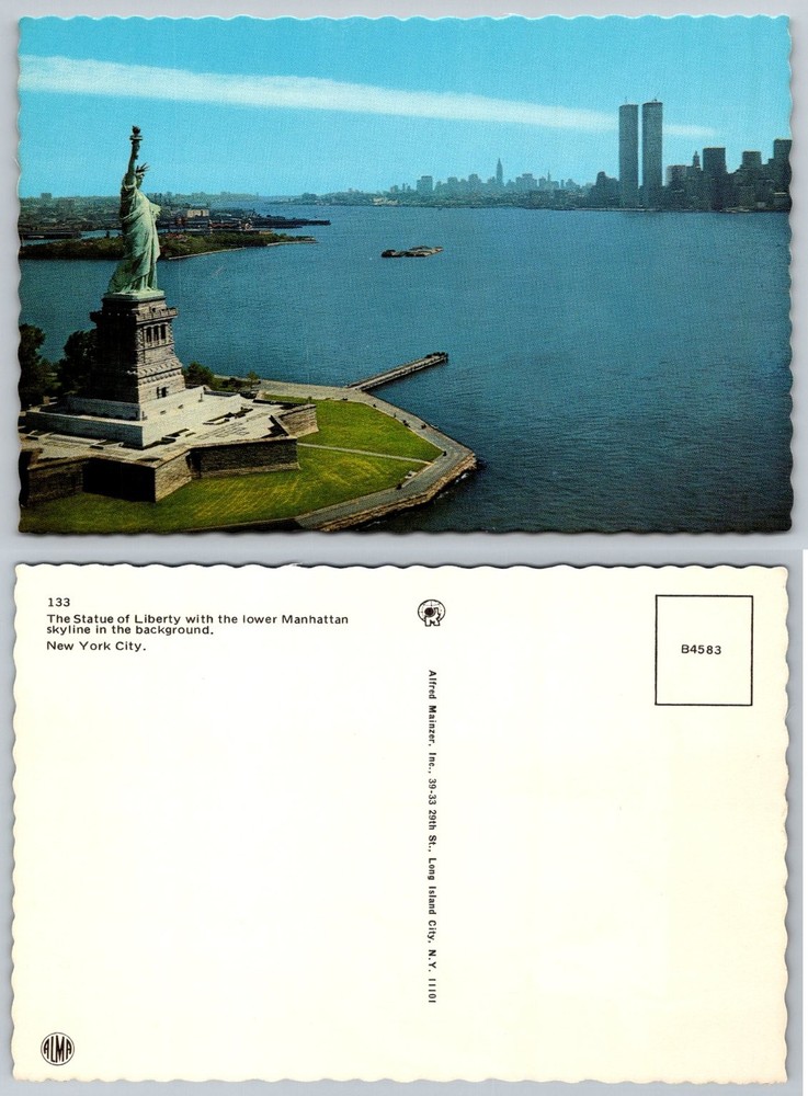 Statue of Liberty NYC Postcard World Trade Center Twin Towers Skyline Alfred