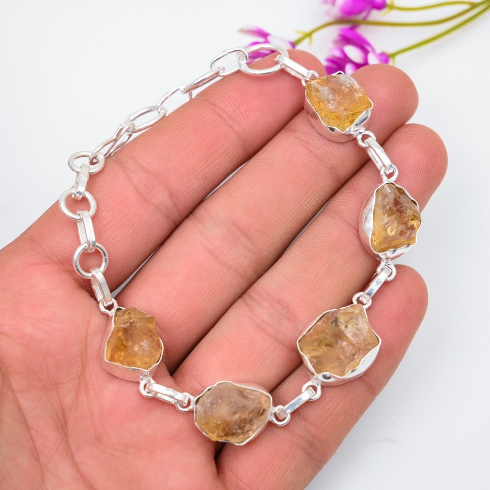 Natural Raw Citrine Gemstone Jewelry 925 Sterling Silver Handmade Chain Bracelet