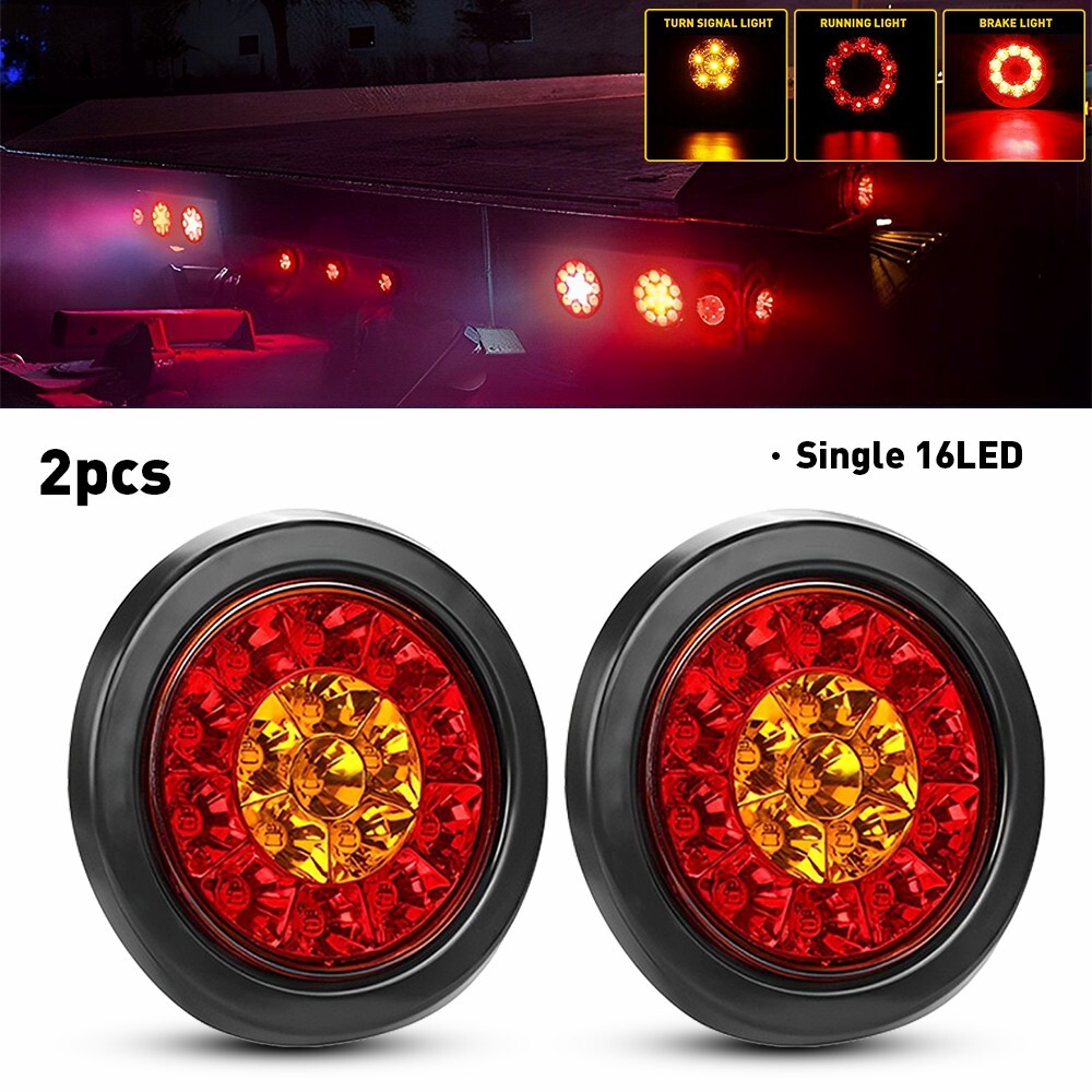 2X 4inch Amber+Red LED Truck Trailer Turn Stop Signal Tail Brake Lights Round