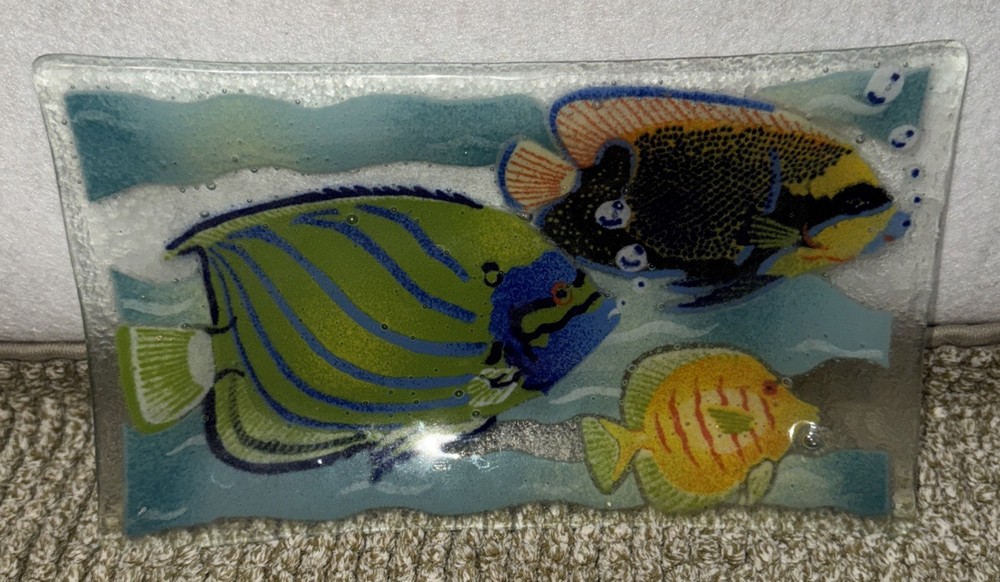 Vintage Peggy Karr Coral Reef Tropical Fish Fused Glass 9.5”x 5.5” Plate Signed