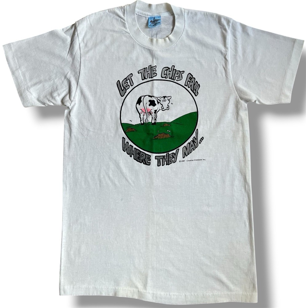 VTG 90s Funny Cow Let The Chips Fall Where They May T-Shirt M 1987 Single Stitch