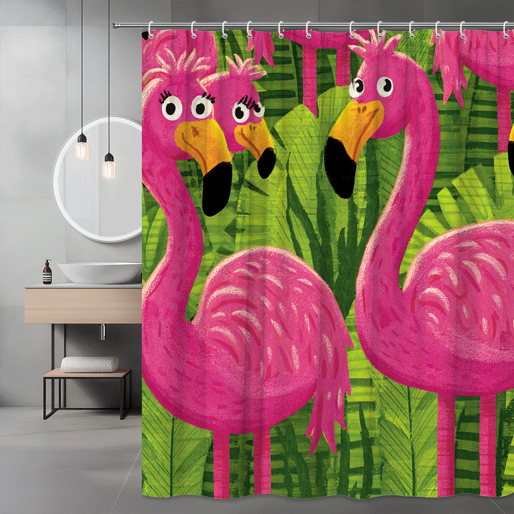 Pink Flamingo Shower Curtain Tropical Green Leaf Print