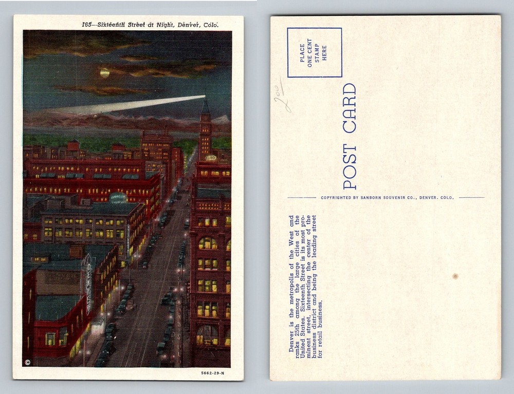 Denver, CO-Colorado, Sixteenth Street Night Lights Skyline Moon Vintage Postcard