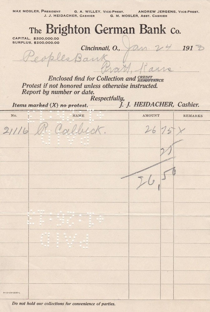 U.S. The Brighton German Bank Co., Cincinnati, O. 1913 Paid Invoice Ref 44388