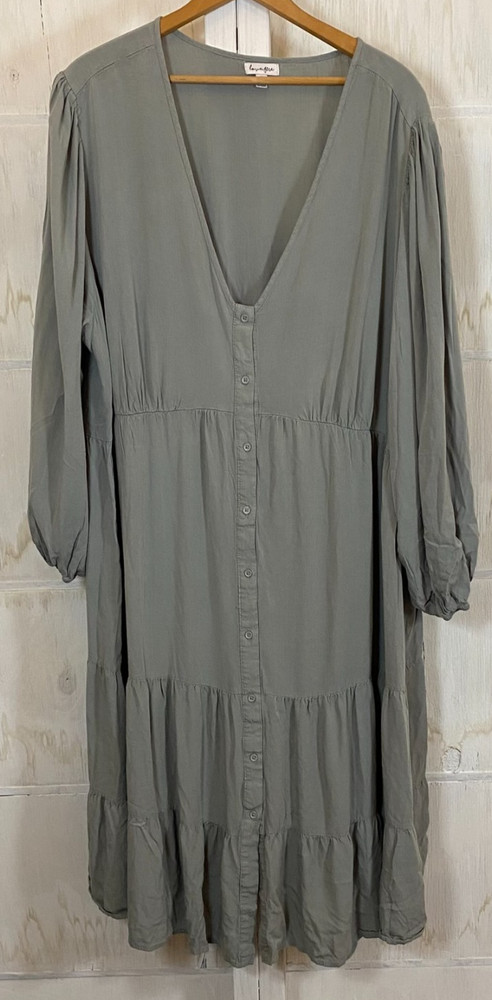 Plus Size love fire 3X Dusty Green Tiered Prairie Boho Peasant Midi Dress Rayon