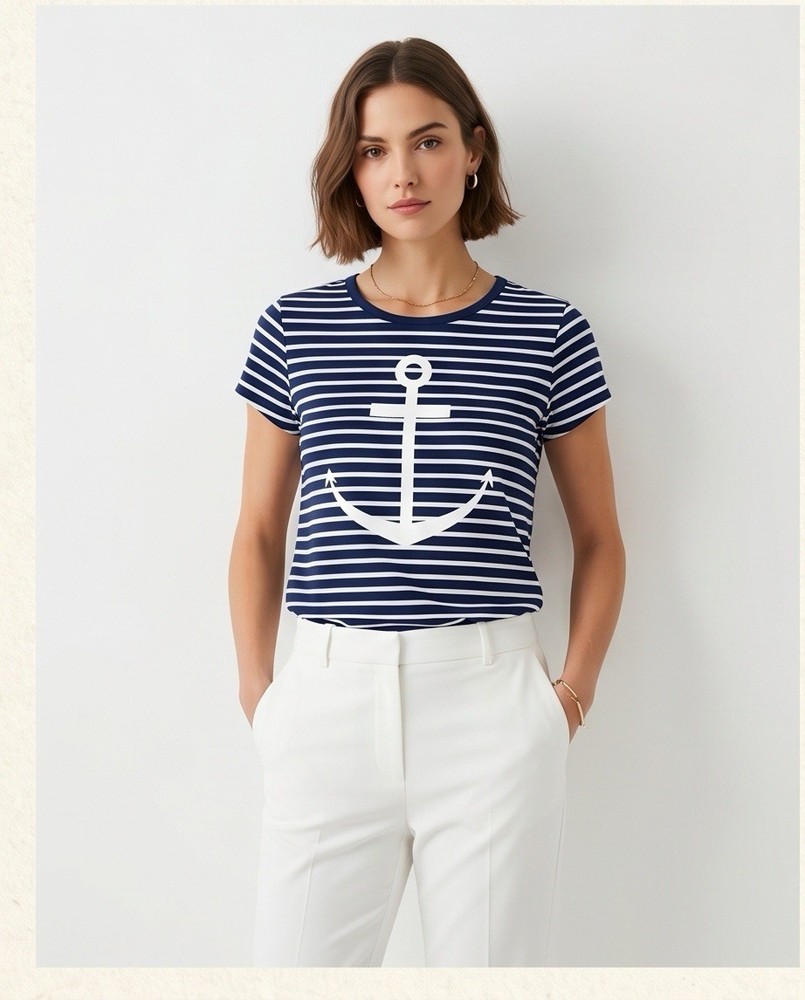 Women XL Striped Anchor T Shirt Navy White Nautical Stretch Casual Top