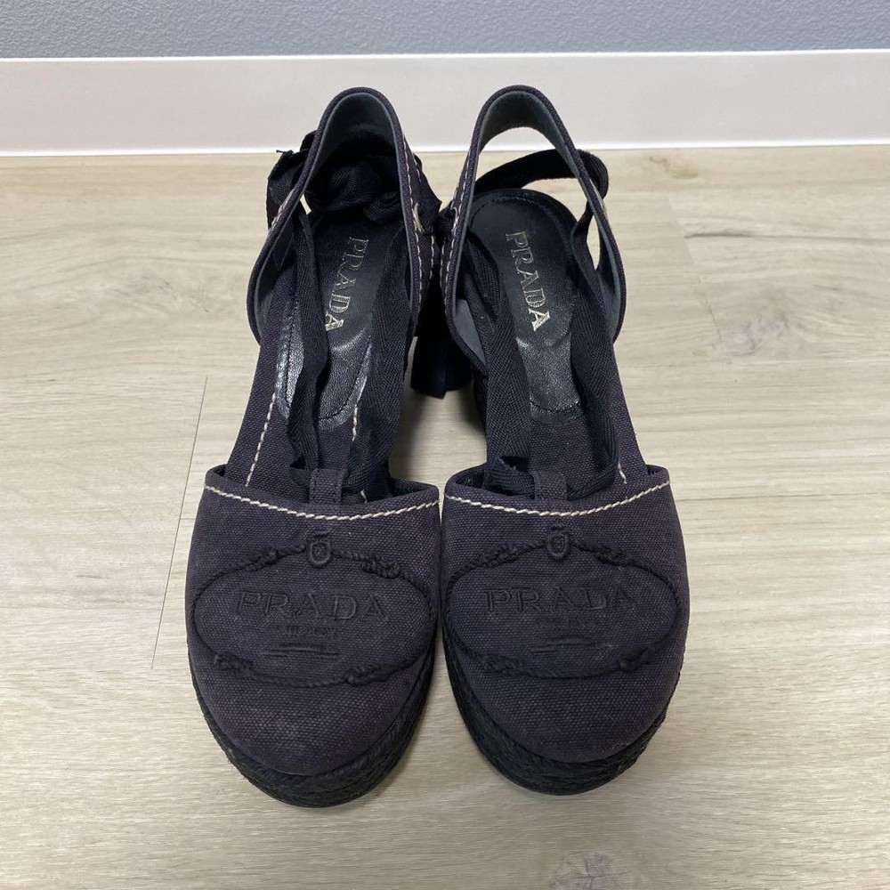 Rare PRADA Black Wedge Sandals Size 35 (US 5) Canvas Fabric Italy Authentic