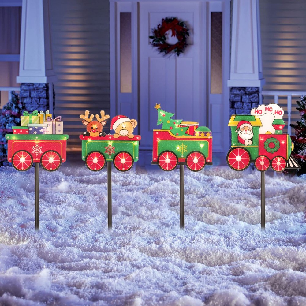 4-Piece Train Set Christmas Pathway Lights, Battery Operated LED Pathway Mark...