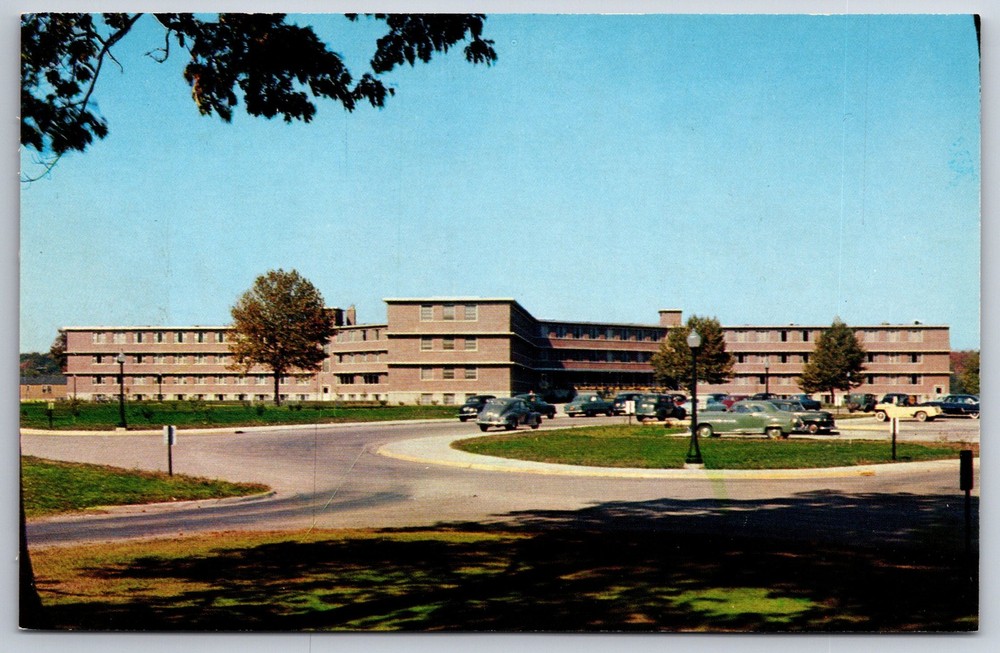 Lafayette Indiana~Purdue University~Residence Hall X Bldg~Cars~1950s Postcard