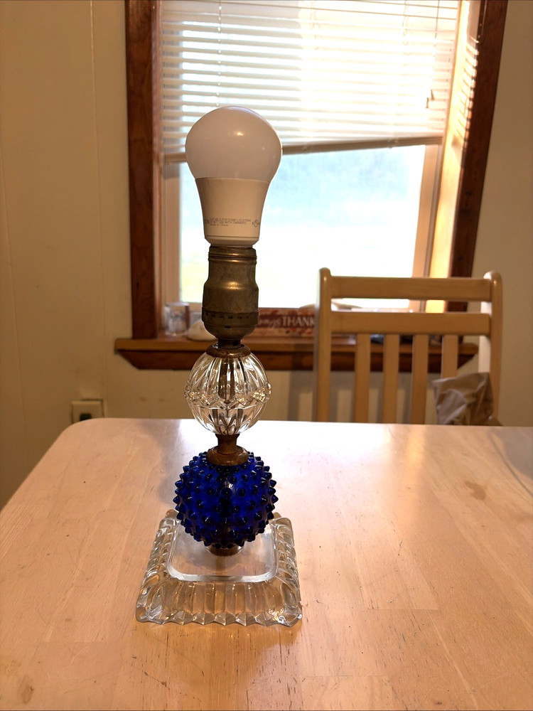 Art Deco Cobalt Blue and Clear Glass Lamp Bedside Boudoir
