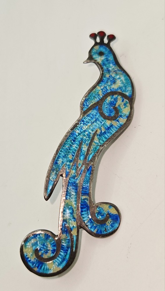 Vintage Jeronimo Fuentes Taxco Sterling Silver 925 Enamel Peacock Brooch Pin