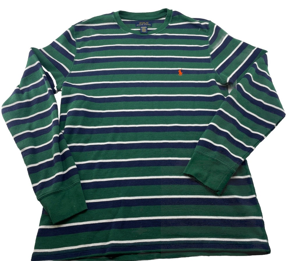 Polo Ralph Lauren Shirt L Blue Striped Preppy Pony Thermal Waffle Knit