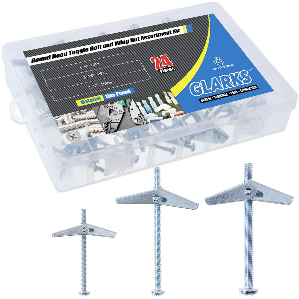 Glarks 24Pcs 1/8'', 3/16'', 1/4'' Toggle Bolt and Wing Nut Assortment Kit Zinc P
