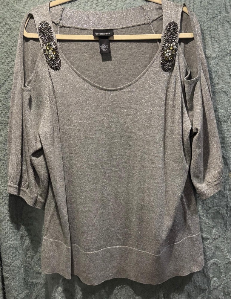 Lane Bryant Top Women’s 22/24 Silver Glitter Blouse Cold Shoulder Bead Embellish