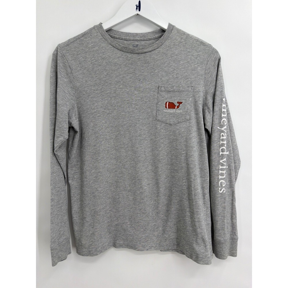Vineyard Vines Boys Gray Football Whale Long Sleeve Pocket T-Shirt Size L 16