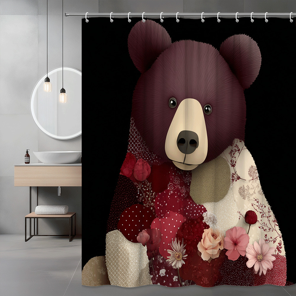 Bear Shower Curtain Floral Patchwork Graphic Print