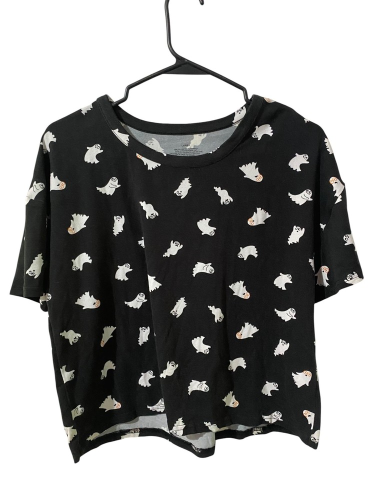 Womens Ghost Print Crop Top Large Black Halloween Short Sleeve Graphic Tee