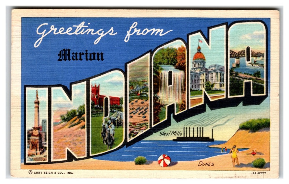 Greetings from Marion Indiana Linen Postcard 1940 Curt Teich Large Letter