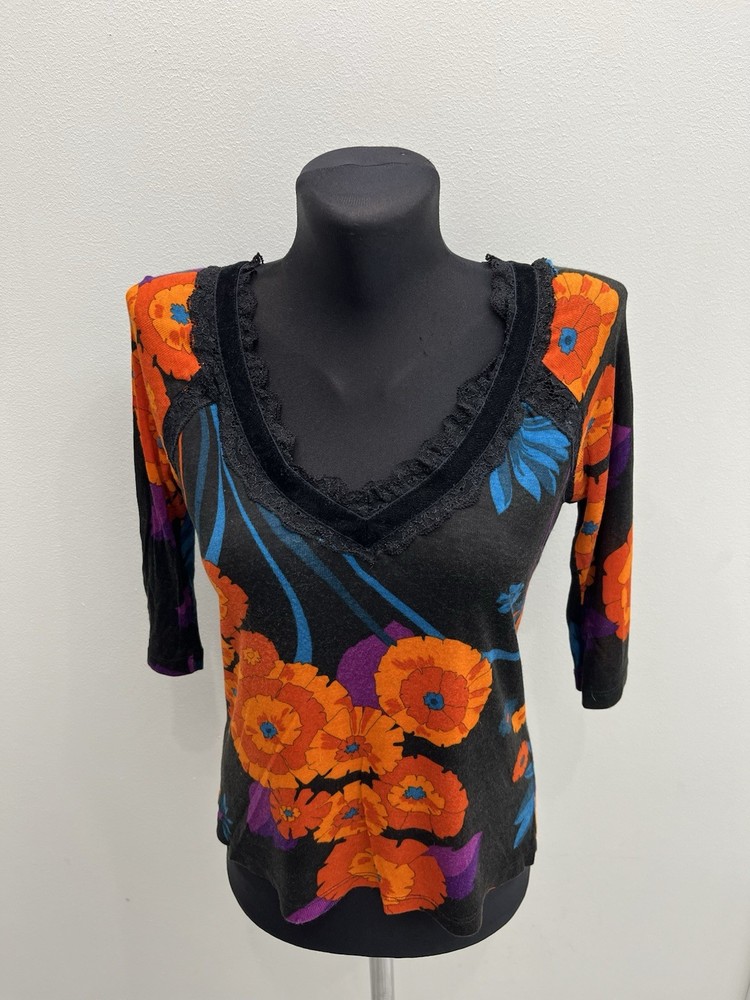 Vintage D&G Dolce & Gabbana Floral Lace Trim Top 3/4 Sleeve Pony Logo Size M