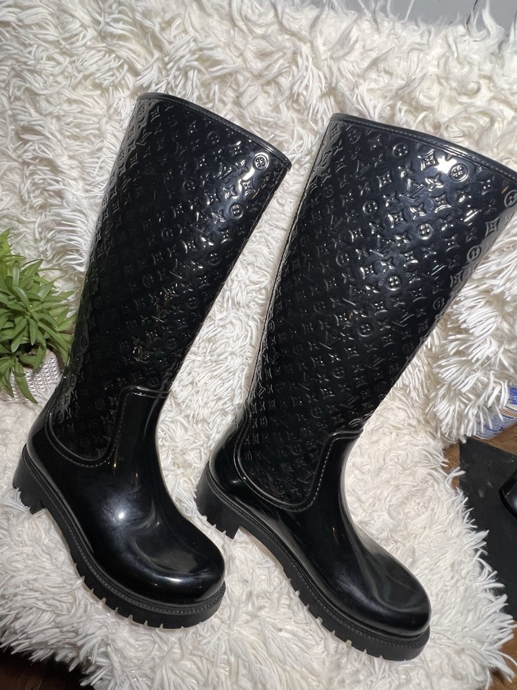 Louis Vuitton Black Monogram Splash High Rain Boots, Size 37