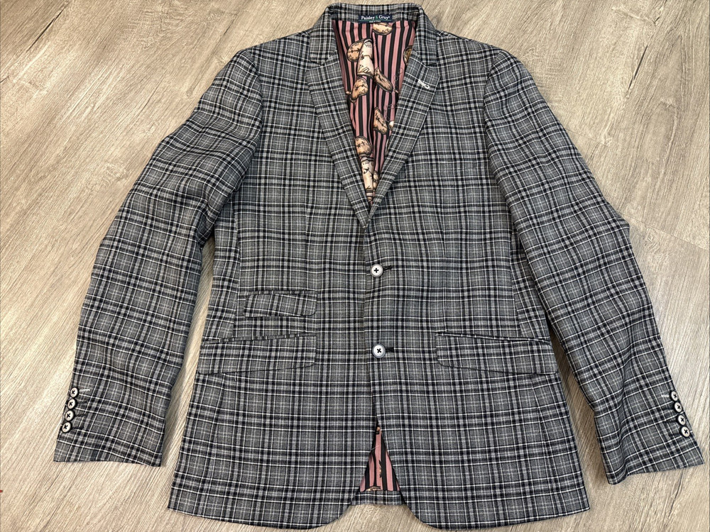 Paisley & Gray Men's 40R Slim Fit Plaid Sport Coat Blazer Gray Black White Check