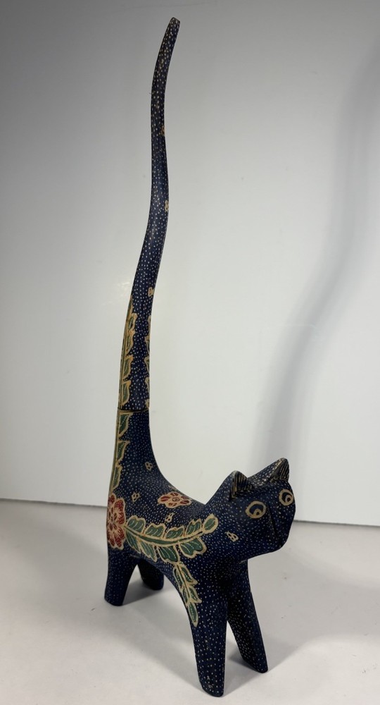 Oaxacan Alebrije Wood Cat Sculpture 13” Tall, Unsigned MEXICO Folk Art Dark Blue