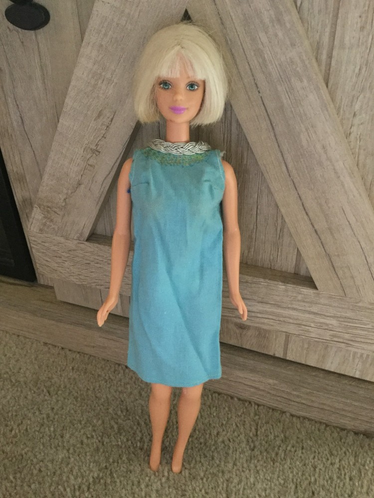 Barbie Doll Dress Handmade Solid Light Turquoise Blue Metallic Trim 60's 70's
