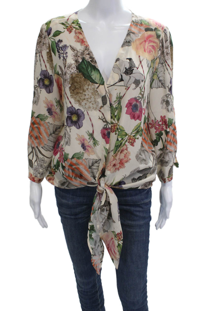 Marella Women Silk Floral V-Neck Tie Blouse 3/4 Sleeve Beige Size 14Free Shipping in US $100+ Orders | $6.95 Orders Below