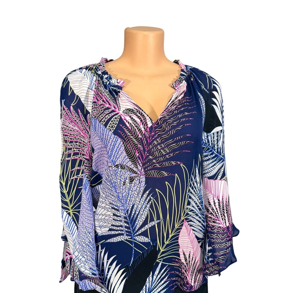 Alice + Olivia 100% Silk Tropical Leaf Print Long Sleeve Blouse Top Size Small