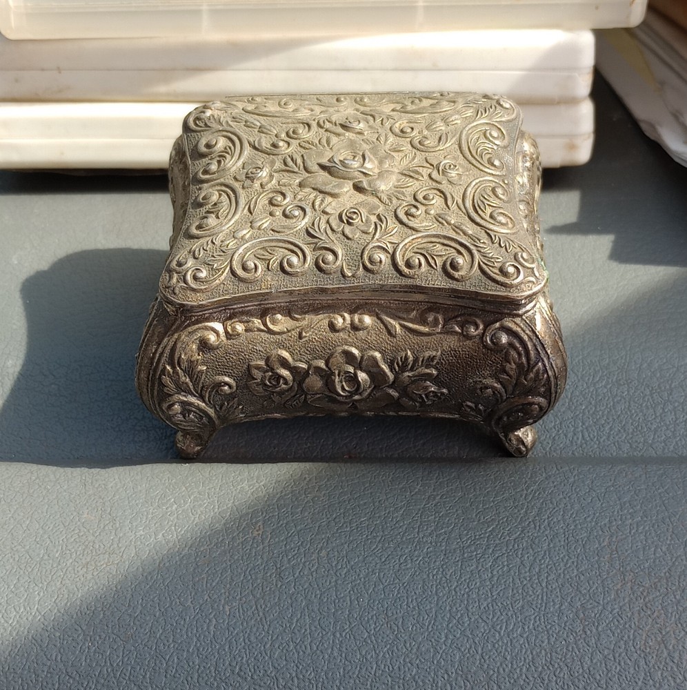 Antique Silver Floral Metal Trinket Box with Red Velvet Interior, Rectangle