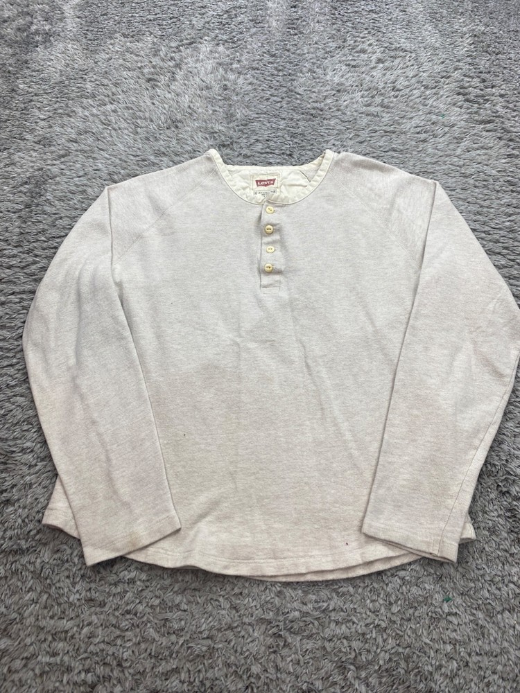 Vtg Levis Sweatshirt Mens Medium Beige Fleece Lined Thermal Henley Sweater 90s